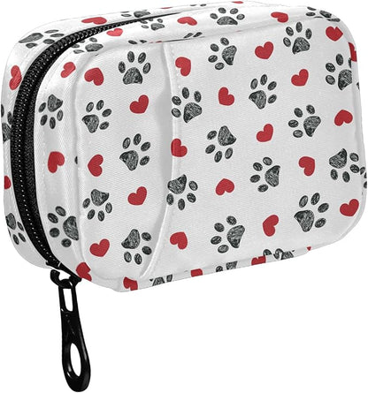 Fustylead Paw Print with Red Hearts Travel Pill Organizer Case Zipper for Purse with Removable Weekly Pill Box for Medicine, Vitamin, Supplement Medicine Organizer