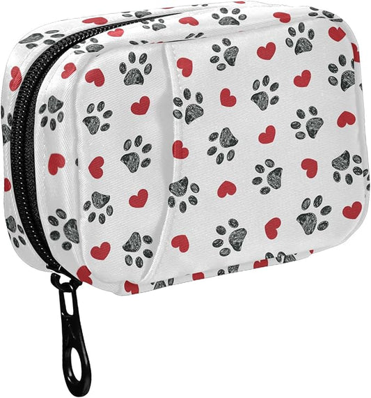 Fustylead Paw Print with Red Hearts Travel Pill Organizer Case Zipper for Purse with Removable Weekly Pill Box for Medicine, Vitamin, Supplement Medicine Organizer