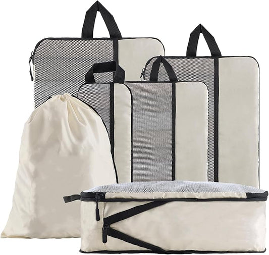U+U 6 Set Compression Packing Cubes - Ultralight Cream Travel Organizers with Laundry Bag, Space-Saving Suitcase Organizer, Expandable Packing Cubes for Travel and Family Vacation (Cream)