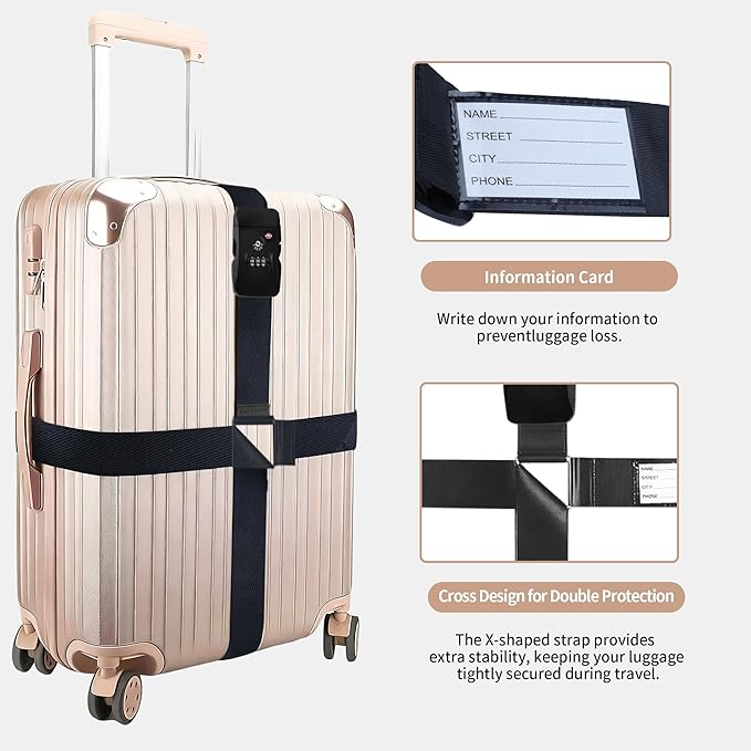 Luggage Straps, TSA Approved Black Heavy Duty Suitcase Belt with Combination Lock, Adjustable Cross Strap for Checked and Carry-On Bags, Includes ID Name Tags (1-Pack)