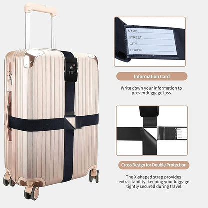 Luggage Straps, TSA Approved Black Heavy Duty Suitcase Belt with Combination Lock, Adjustable Cross Strap for Checked and Carry-On Bags, Includes ID Name Tags (1-Pack)