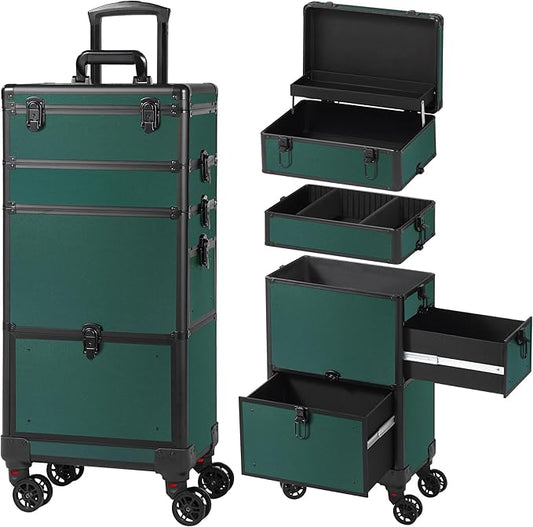 Makeup Train Case with Drawer, Rolling Makeup Case, Cosmetology Case on Wheels, Gift, Travel Makeup Organizers, Profesional Cosmetic Case for Salon Barber,Nail,Tattoo,Green