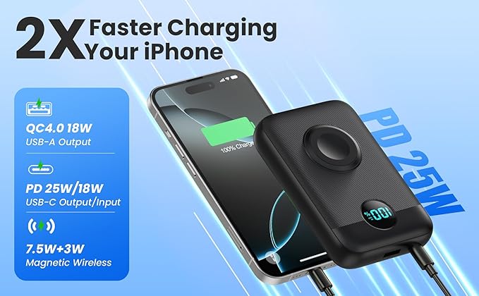 Magnetic Portable Charger for iPhone & Apple Watch,10800mAh 25W PD QC4.0 Fast Charging USB C Power Bank,4 Output Dual-Side Magnet Travel Essentials Battery Pack for iPhone 17/Air/16/15/14/13/12 Series