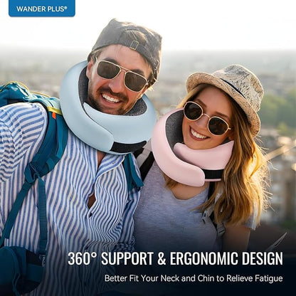 WANDER PLUS® Travel Neck Pillow, Pure Memory Foam Neck Pillow for Airplanes, Comfortable Breathable Cover, 360 Degree Support Ergonomic Design Best for Sleeping Plane Train Travel Essentials Max Pink
