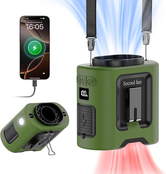 Socool 14500mAh Portable Waist Fan Clip on Belt 360 Rotation Wearable Rechargeable Personal Shirt Fan, 67H Cooling 5-Speed Battery Operated Fans with Light, Neck Fan Hanging for Outdoor Camping Travel