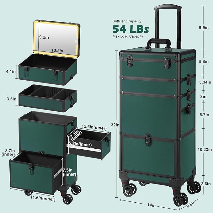 Makeup Train Case with LED Mirror, Rolling Makeup Case with Drawers, Cosmetology Case on Wheels, Gift, Travel Makeup Organizers, Profesional Cosmetic Case for Salon Barber,Nail,Tattoo,Green