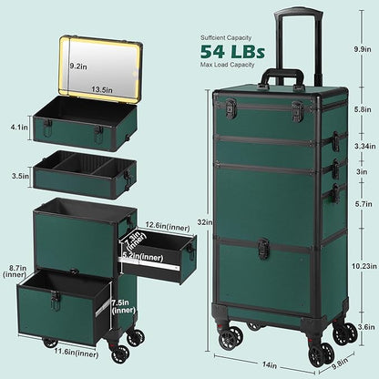 Makeup Train Case with LED Mirror, Rolling Makeup Case with Drawers, Cosmetology Case on Wheels, Gift, Travel Makeup Organizers, Profesional Cosmetic Case for Salon Barber,Nail,Tattoo,Green