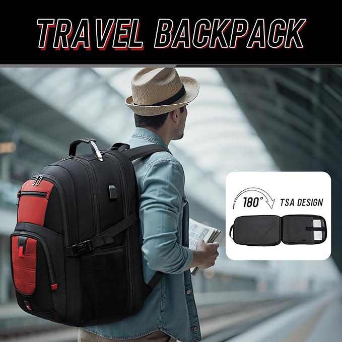 Z-MGKISS Big Travel Backpack, Large Laptop Backpack, TSA Approved Bag 50L, Anti-Theft Water Resistant Computer Daypack 17.3 Inch, Red