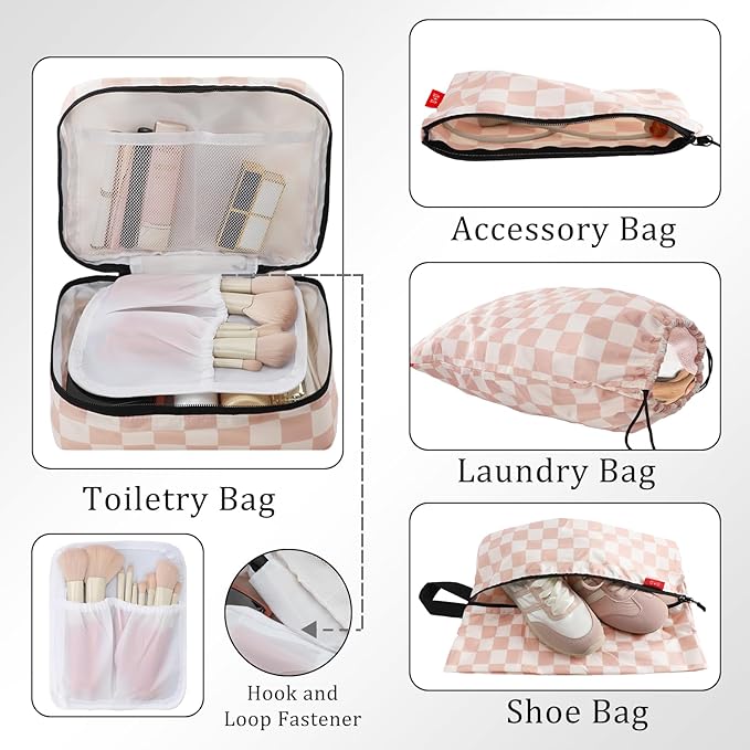 U+U 10 Set Compression Packing Cubes - Ultralight Travel Organizers with Laundry Bag and Cosmetic Bag, Space-Saving Suitcase Organizer for Travel, Business Trip and Family Vacation (Khaki Checkered)