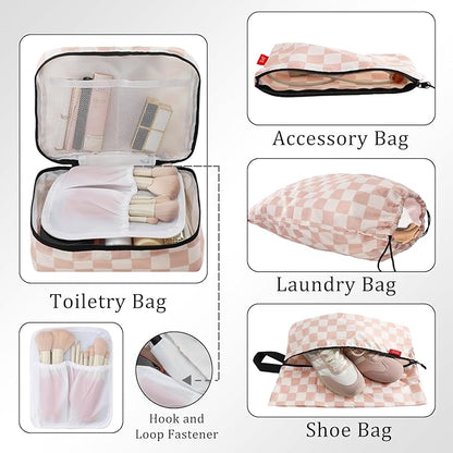 U+U 10 Set Compression Packing Cubes - Ultralight Travel Organizers with Laundry Bag and Cosmetic Bag, Space-Saving Suitcase Organizer for Travel, Business Trip and Family Vacation (Khaki Checkered)