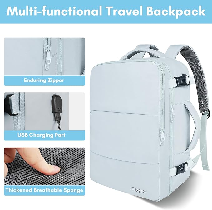 Taygeer Carry On Backpack, 40l Travel Backpack for Women Airline Approved, Cute Underseat Personal Item Travel Bag With Shoe Compartment, Casual Daypack Gifts for Friend Hiking Outdoor Weekend,Blue