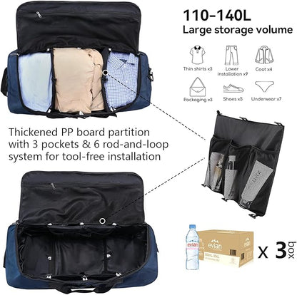 Vomgomfom Wheeled Collapsible Duffel Bag,110L-140L Expandable Checked Luggage, No-Telescopic-Handle with Anti-Burst Zipper & Reinforced Frame,Navy