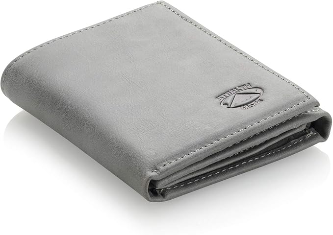 Stealth Mode Trifold Wallet - RFID Blocking Wallet with Flip ID Holder - Leather Case for Money, Credit Cards - Mens Organizer, Divided Billfold, Identity Protection - Men's Gifts (Grey)
