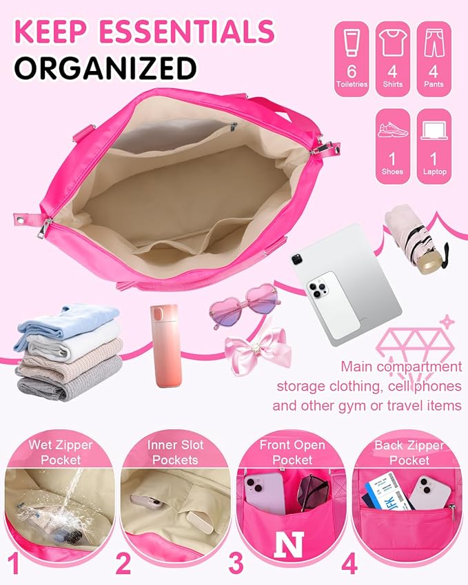 Overnight Bag for Kids Teen Girls Weekender Dance Bag Birthday Graduation Gifts,Initial Travel Duffel Bag Sports Gym Bag Personalized Weekender Bag Carry On Bags Preppy Gifts for Women(Hot Pink, N)