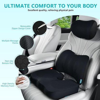 FLORICH 3 PCS Seat Cushion for Carseat Lumbar Support Pillow Car Neck Headrest Pillows Memory Foam Gel Memory Foam Massage Point Seat Pads Pressure Relief Back Cushion for Office Chair(Light Black)