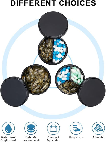 Pill Box 2 Compartment Pill Case - Portable Metal Travel Pill Container for Pocket or Purse, Waterproof Pill Organizer Holder for Medicine Vitamin Fish Oil and Supplements