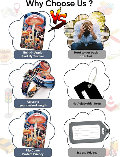 Luggage Tags Built-in Anti-Loss Tracker, Luxury Leather Luggage Tags for Suitcase, Travel Bags, Backpacks, Travel Organizer for Lost Baggage Prevention (Mushroom)