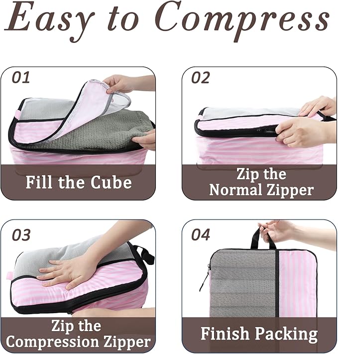 U+U 10 Set Compression Packing Cubes - Ultralight Pink Stripe Travel Organizers with Laundry Bag, Space-Saving Suitcase Organizer, Expandable Packing Cubes for Travel and Family Vacation (Pink Stripe)