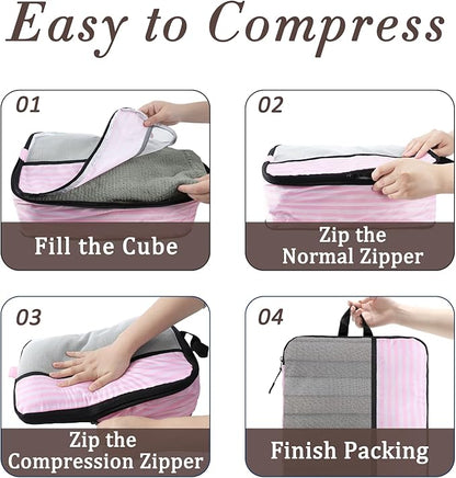 U+U 10 Set Compression Packing Cubes - Ultralight Pink Stripe Travel Organizers with Laundry Bag, Space-Saving Suitcase Organizer, Expandable Packing Cubes for Travel and Family Vacation (Pink Stripe)