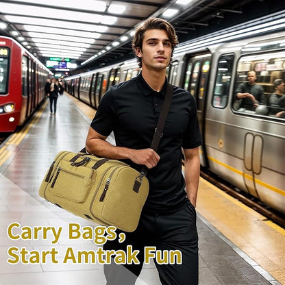 Expandable Canvas Duffel 50cm-58cm, Sturdy Zipper and Reinforced Handles, Lightweight Carry-On Weekender Bag for 3-5 Day Trips, Khaki
