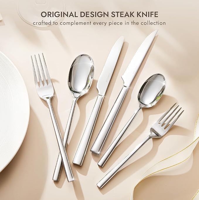 KINGSTONE Silverware Set with Steak Knives, 24-Piece Forged Flatware Set Cutlery Set Premium Stainless Steel, Service for 4, for Kitchen, Home, Wedding, Party, Mirror Polished and Dishwasher Safe
