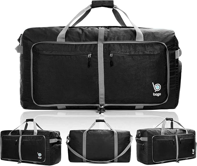 Bago Large Foldable Duffel Bags for Traveling Women & Men - 100L Packable Duffle Bag for Travel with Shoe Compartment - Water Repellant, Heavy Duty, Lightweight Folding & Collapsible (Black)