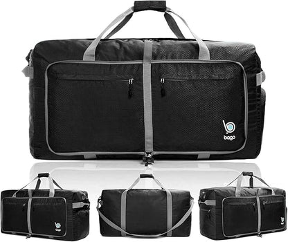 Bago Large Foldable Duffel Bags for Traveling Women & Men - 100L Packable Duffle Bag for Travel with Shoe Compartment - Water Repellant, Heavy Duty, Lightweight Folding & Collapsible (Black)