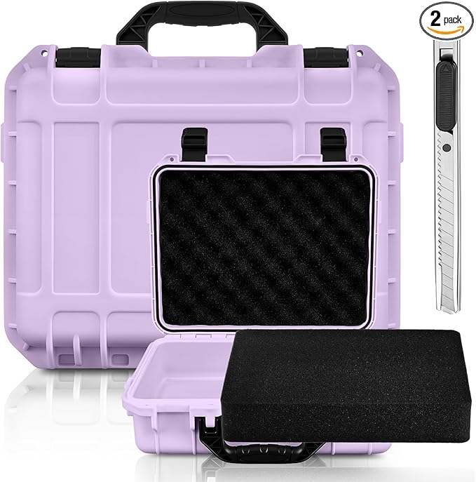1 Pcs 14.3 x 11.4 x 4.5 Inch Waterproof Hard Case with DIY Customizable Foam Insert Portable Protective Case with Knife for Camera Drones Equipments Tools Test Instruments (Purple)