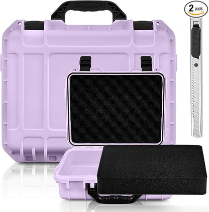 1 Pcs 14.3 x 11.4 x 4.5 Inch Waterproof Hard Case with DIY Customizable Foam Insert Portable Protective Case with Knife for Camera Drones Equipments Tools Test Instruments (Purple)