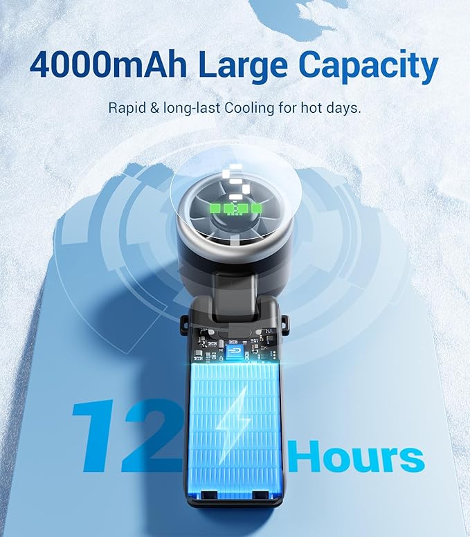 Diveblues Portable Handheld Turbo Fan, 5 Gear Wind, Battery Operated, Up to 12 Working Hours, 3 IN 1 Hand Fan with Air Turbo Tech Cooling Fan for Outdoor Activities, Travel, Working, Obsidian black