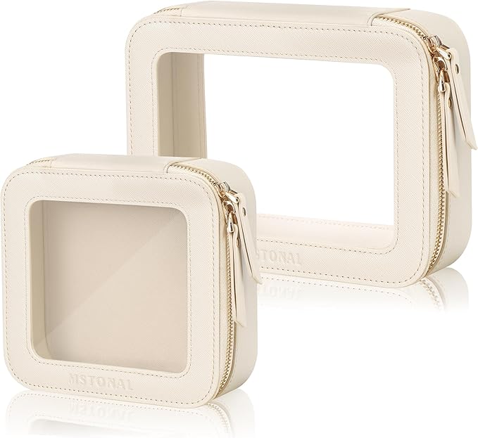 Clear Makeup Bag, Travel Toiletry Bag Cosmetic Case for Women, Waterproof Portable Make Up Skincare Pouch with Zipper, Compact Car Organizer Bag for Essentials, Mini & Medium, Beige