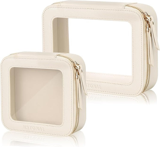 Clear Makeup Bag, Travel Toiletry Bag Cosmetic Case for Women, Waterproof Portable Make Up Skincare Pouch with Zipper, Compact Car Organizer Bag for Essentials, Mini & Medium, Beige