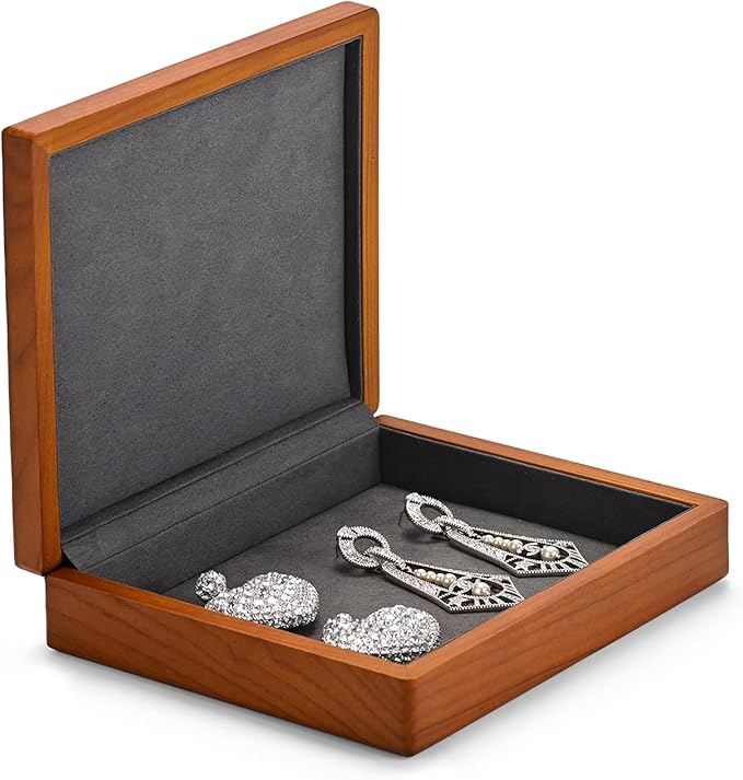 Oirlv Solid Wood Ring Jewelry Box Organizer Earrings Jewelry Drawer Organizer Tray with Lid (Grey Flat Box)