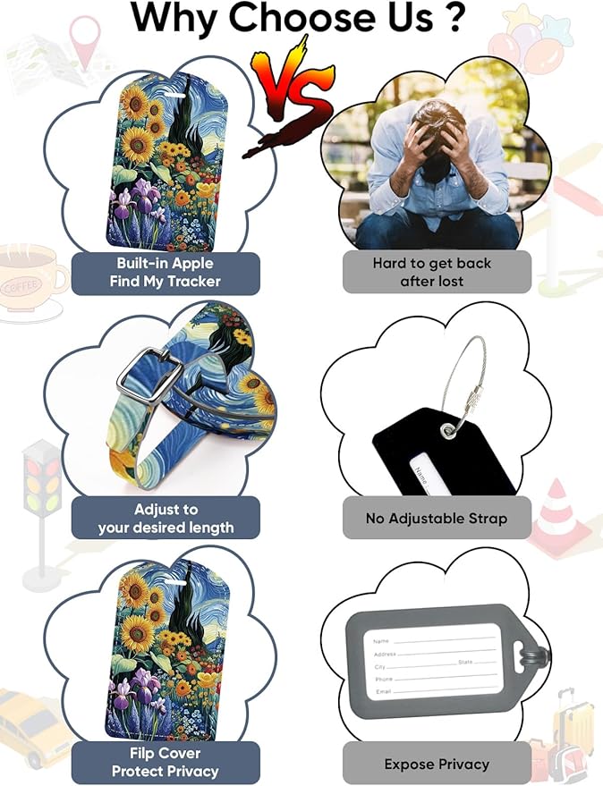 Luggage Tags Built-in Anti-Loss Tracker, Luxury Leather Luggage Tags for Suitcase, Travel Bags, Backpacks, Travel Organizer for Lost Baggage Prevention (Sunflower)