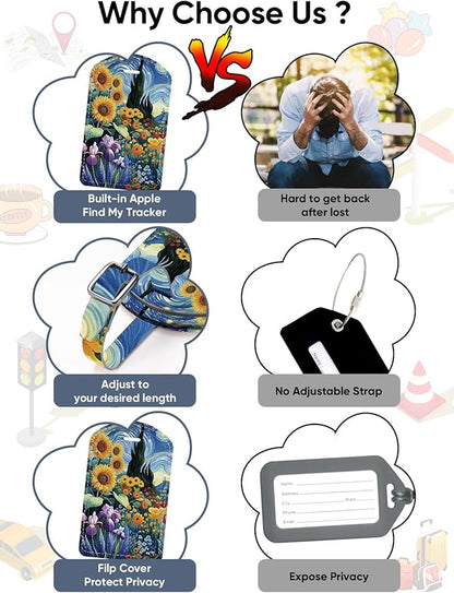 Luggage Tags Built-in Anti-Loss Tracker, Luxury Leather Luggage Tags for Suitcase, Travel Bags, Backpacks, Travel Organizer for Lost Baggage Prevention (Sunflower)