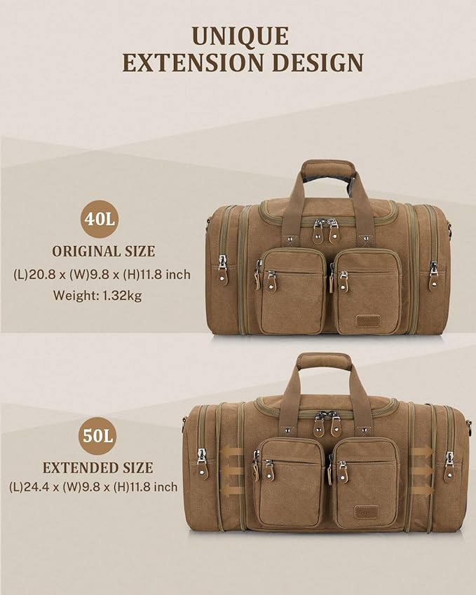 Gonex Canvas Duffle Bag for Travel, Expandable Water Resistant 50L Carry on Duffel Overnight Weekender Gym Bag with Wet Dry Separation Pocket & Suitcase Handle Sleeve,Coffee