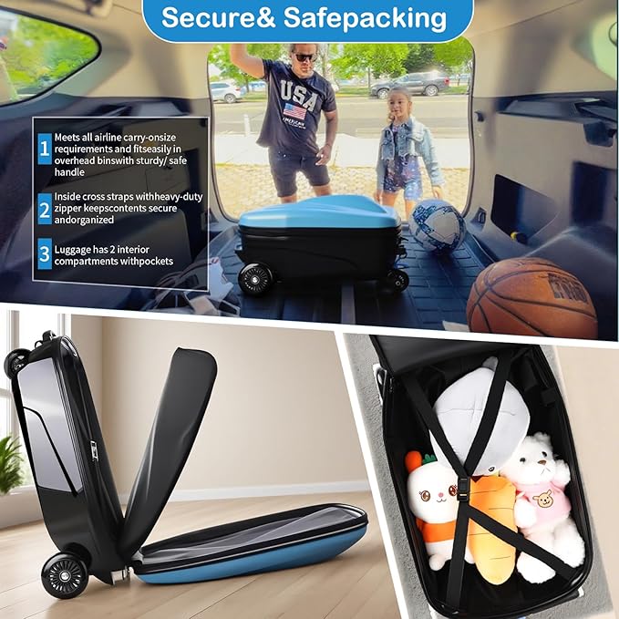 2-in-1 Ride-On Scooter Suitcase,Carry On Hardshell Ride On Suitcase Scooter for Kids Age 4-15, Multifunctional Ride On Lightweight Kids Luggage with Wheels(Size:Blue)