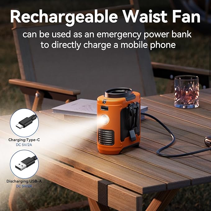 Aristide Waist Fan With Flashlight, Personal Portable USB Rechargeable Waist Clip - 10000mAh, 36hrs Wearable Cooler