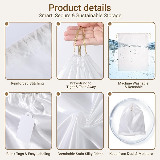 Ewen 11.8x15.7in Dust Bags for Shoes, 7 Pack of Dustproof Silky Bags with Drawstring for Sneakers Storage, White Satin Purse Storage Bags, Pouches Covers for Travel, Dust Cover Bag for Luxury Wallet