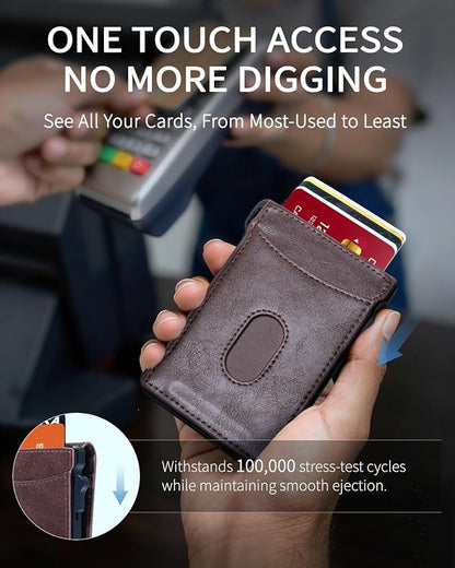 MNGARISTA Wallet for Men,Slim Minimalist Bifold Wallet with RFID Blocking,Pop-Up Credit Card Holder with ID Window & Money Clip,Magnetic Flip Metal Wallet for 11-13 Cards,Gifts for Men-Brown