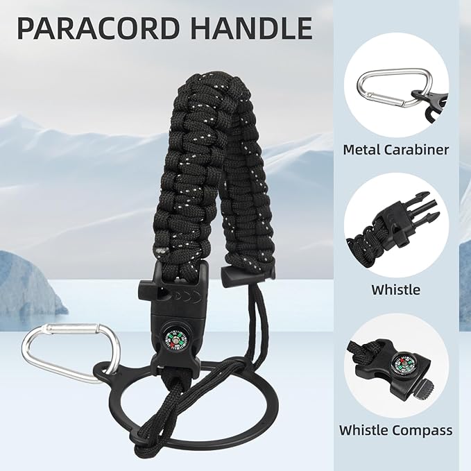 Half Gallon Insulated Water Bottle with Straw,64 oz 3 Lids Water Jug with Carrying Bag,Paracord Handle,Double Wall Vacuum Stainless Steel Metal Flask,Black