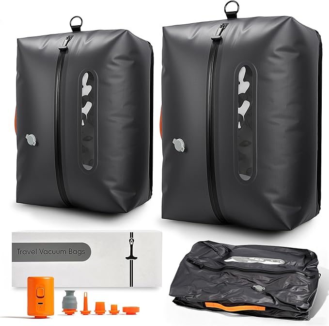 Vacuum Travel Bags with Pump, 2 Pack 34L Space Saver Vacuum Compression Bags for Travel Luggage Suitcase Backpack, Waterproof & Reusable Vacuum Packing Cubes for Clothing (2PCS + Pump)