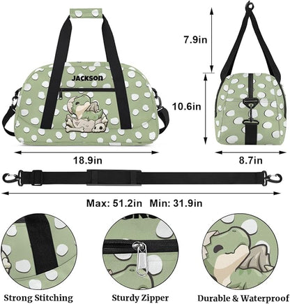 Personalized Duffel Bag for Kids Girls Boys, Dinosaur Spot Custom Name Gym Bag Overnight with Padded Handles Carry On Weekend Sports Travel Bag for School Practice Gymnastics Ballet
