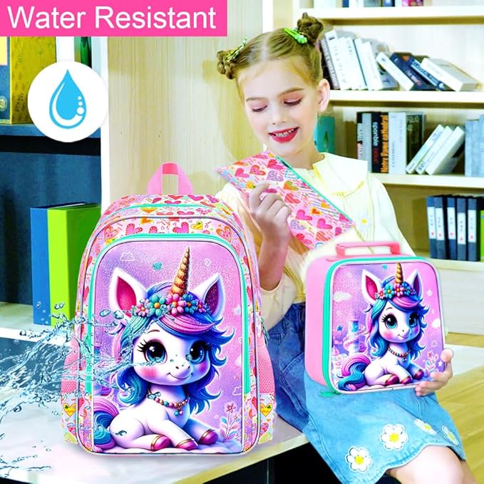 WZLVO 3PCS Kids Backpack for Girls, Unicorn Dinosaur Animal Prechool Elementary Kindergarten School Bookbag with Lunch Box