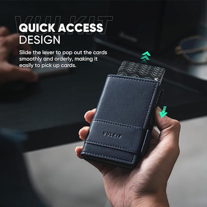 VULKIT Card Holder Bifold Pop Up Leather Wallet for Men RFID Blocking Metal Card Case, Holds 9 Cards and Banknotes Navy