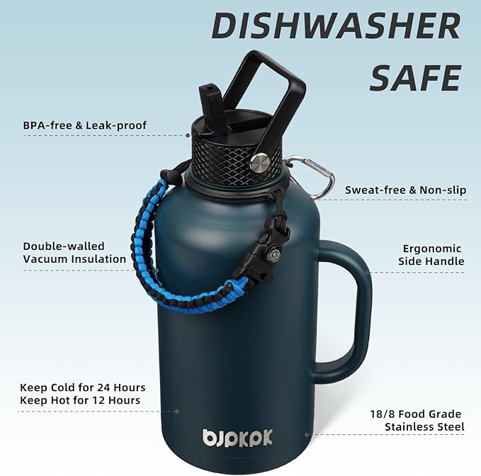 BJPKPK Half Gallon Insulated Water Bottles with Straw Lid & Side Handle, 50oz, 64oz, 87oz, 128oz Large, Stainless Steel Water Bottles with 3 Lids and Paracord Strap, Metal Water Jug,Navy Blue