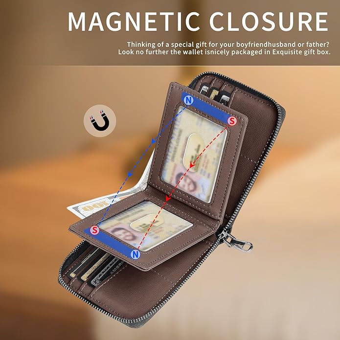 Men’s RFID Blocking Zipper Large Dimensions Wallet with 2 ID Windows - Large Capacity Design, 13 Credit Card Slots