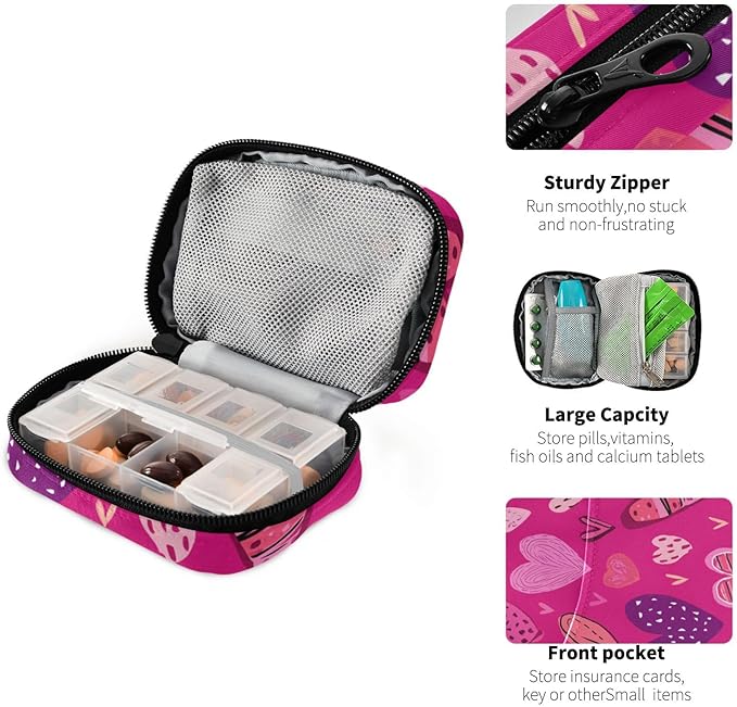 Hot Pink Doodle Hearts Stars Travel Pill Organizer Case Box Container Weekly Portable Vitamin Medicine Holder Storage Bag with Zipper Removable