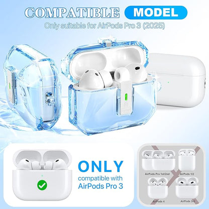 R-fun for AirPods Pro 3 Case (2025) Cover with Cleaning Kit, Military-Grade Shockproof Transparent Non-Yellowing, Auto Pop-Up Lid Design for AirPods Pro 3rd Generation Case, Clear Blue