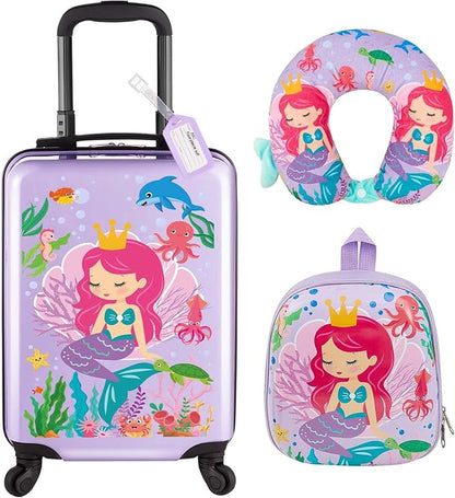 Sanwuta 4 Pcs Kids Luggage Set Backpack Travel Rolling Suitcase U-shape Pillow Christmas Children Gift for Girls Boys(20 Inch,Mermaid Style,Purple)